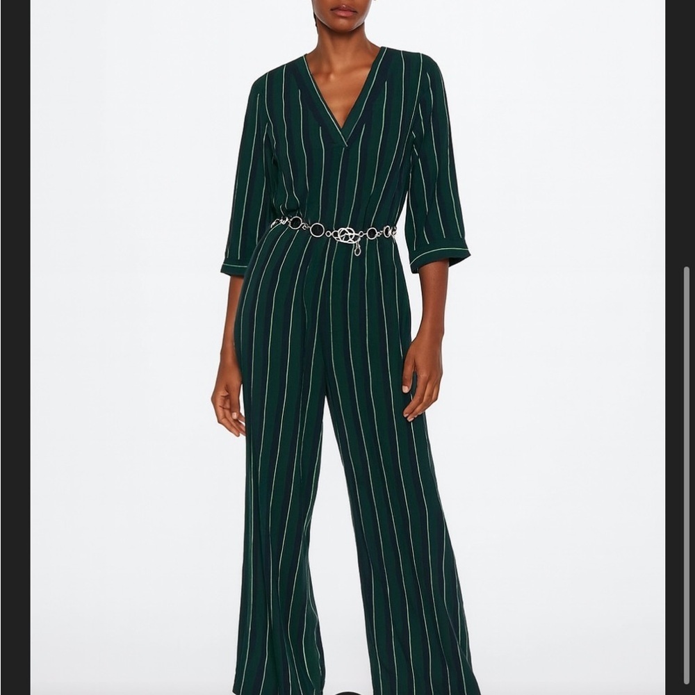 Anthropologie Dark Green Striped Jumpsuit